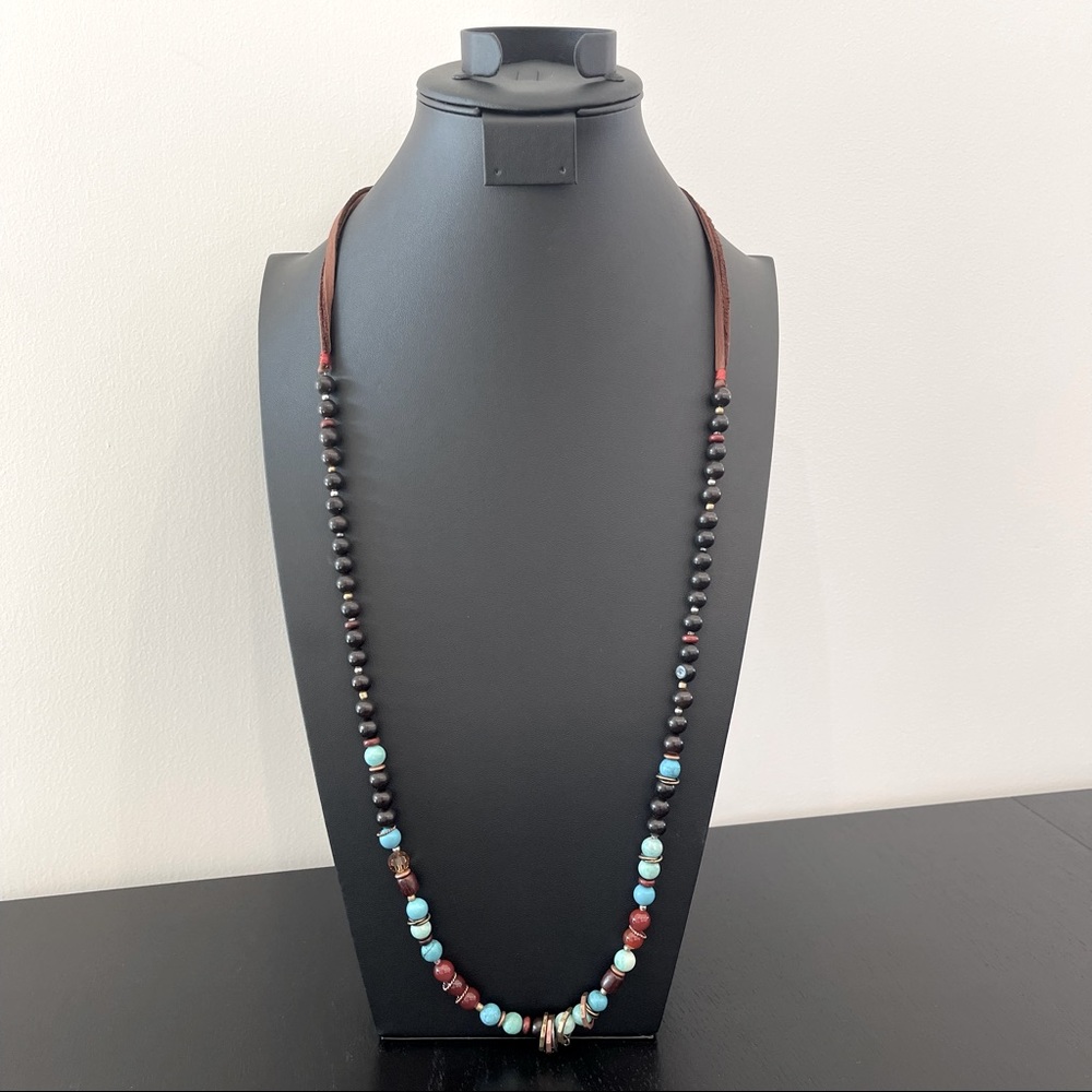 Suede Turquoise Beaded Necklace Adjustable Blue & Brown